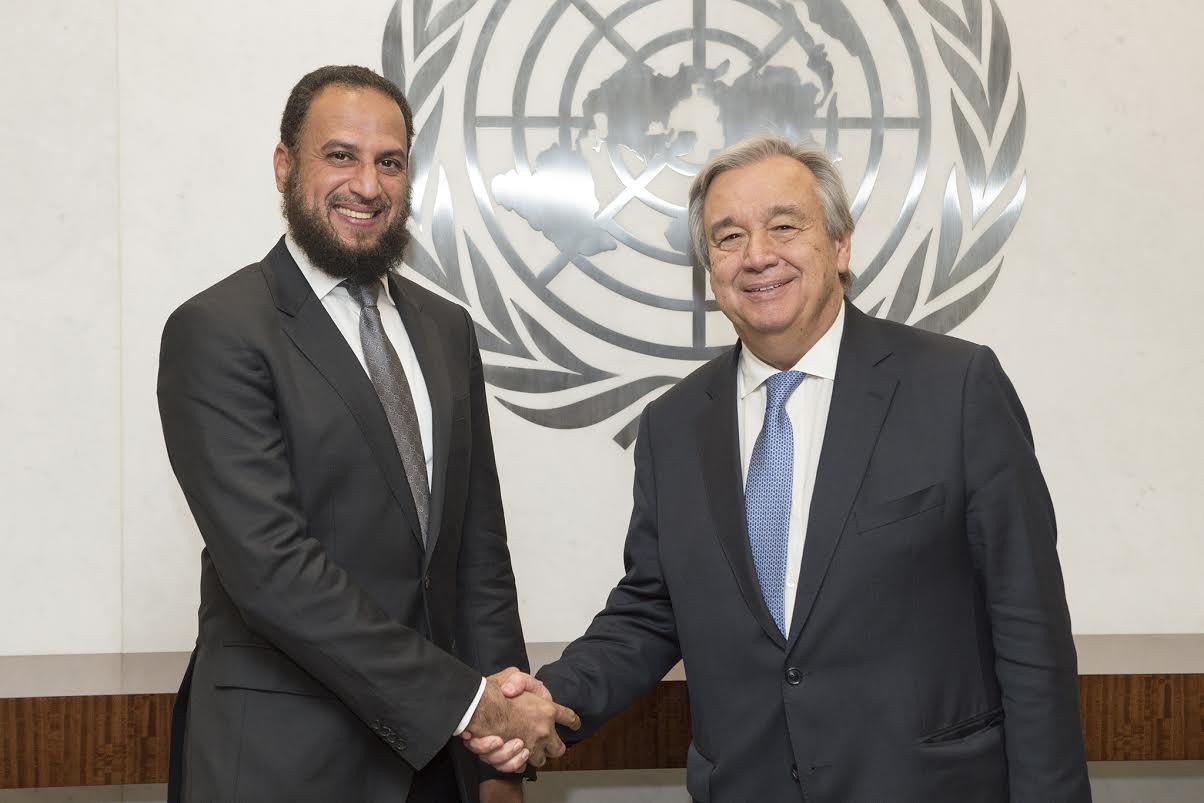 Office of the UN Secretary-General's Humanitarian Envoy, His Excellency Dr Ahmed Al-Meraikhi (Left) shaking hands with António Guterres, United Nations Secretary-General (Right)